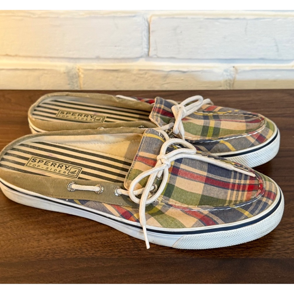 Sperry Top-Sider Womens 8.5 M Plaid Canvas Boat Shoe Mules Multicolor Coastal